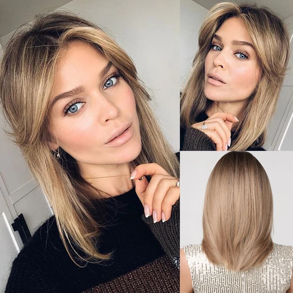 Perruque synthétique courte en couches, brun ombré, longueur moyenne, lisse, aspect naturel, avec fr
