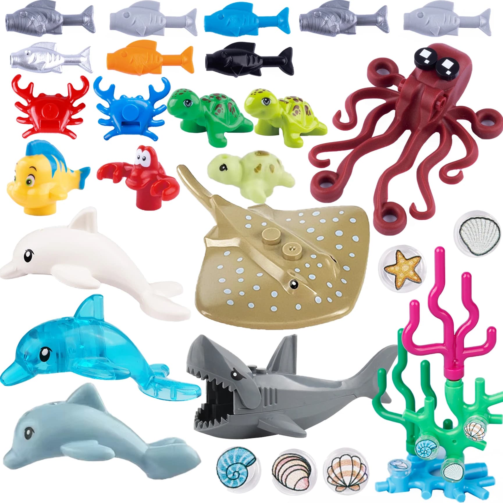 Blocs de construction d'animaux marins MOC, scène marine, requin, pieuvre, poisson manta, poisson-cl