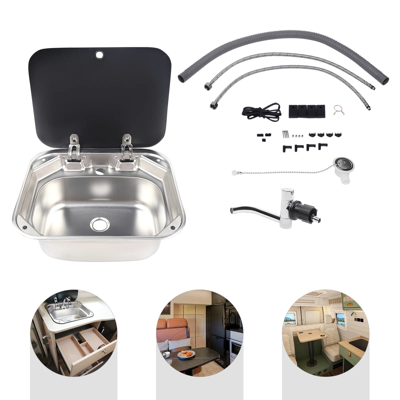 Lavabo de camping-car en acier inoxydable, Lavabo à main avec couvercle en verre