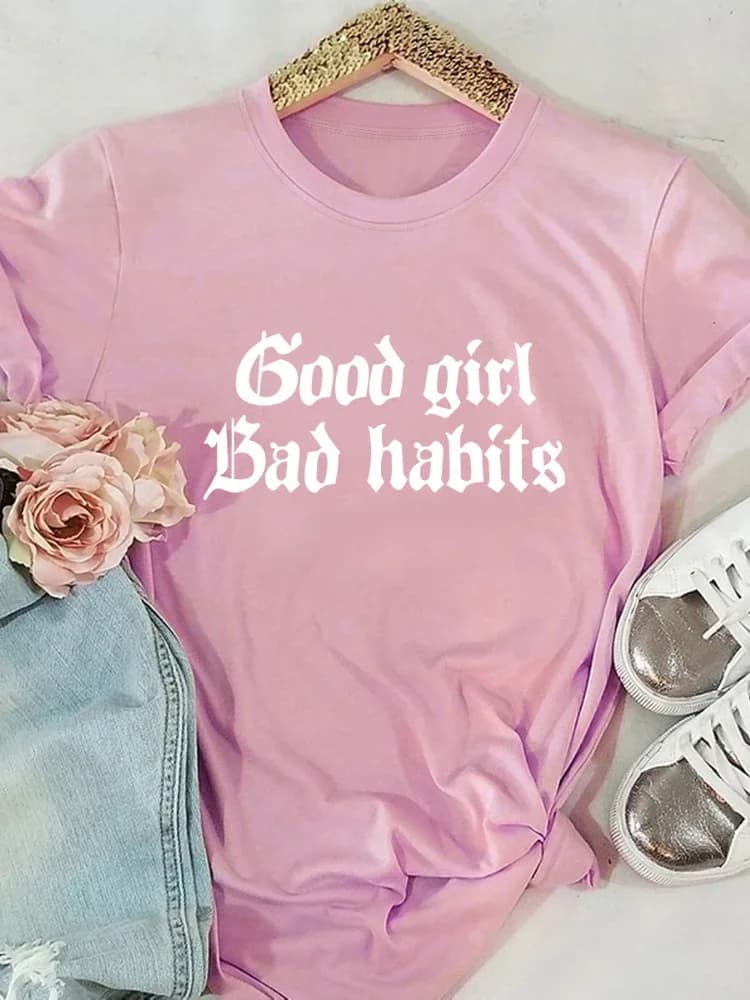 T-shirt à manches courtes et col rond pour femme, avec les mots de Good Girl Bad Habits College