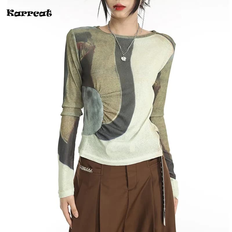 Karrcat – top japonais en Patchwork, Streetwear Chic, avec imprimé dégradé Grunge, cybery2k, Harajuk