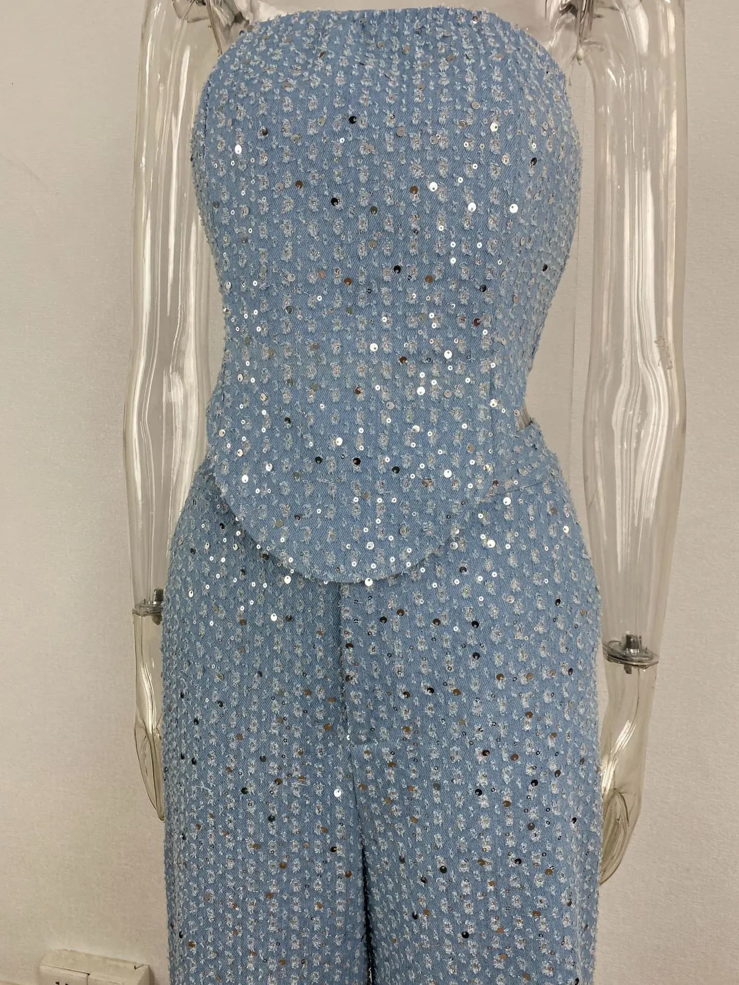 Ensemble en Denim à paillettes pour femmes, tunique sans bretelles, haut court à la taille et pantal