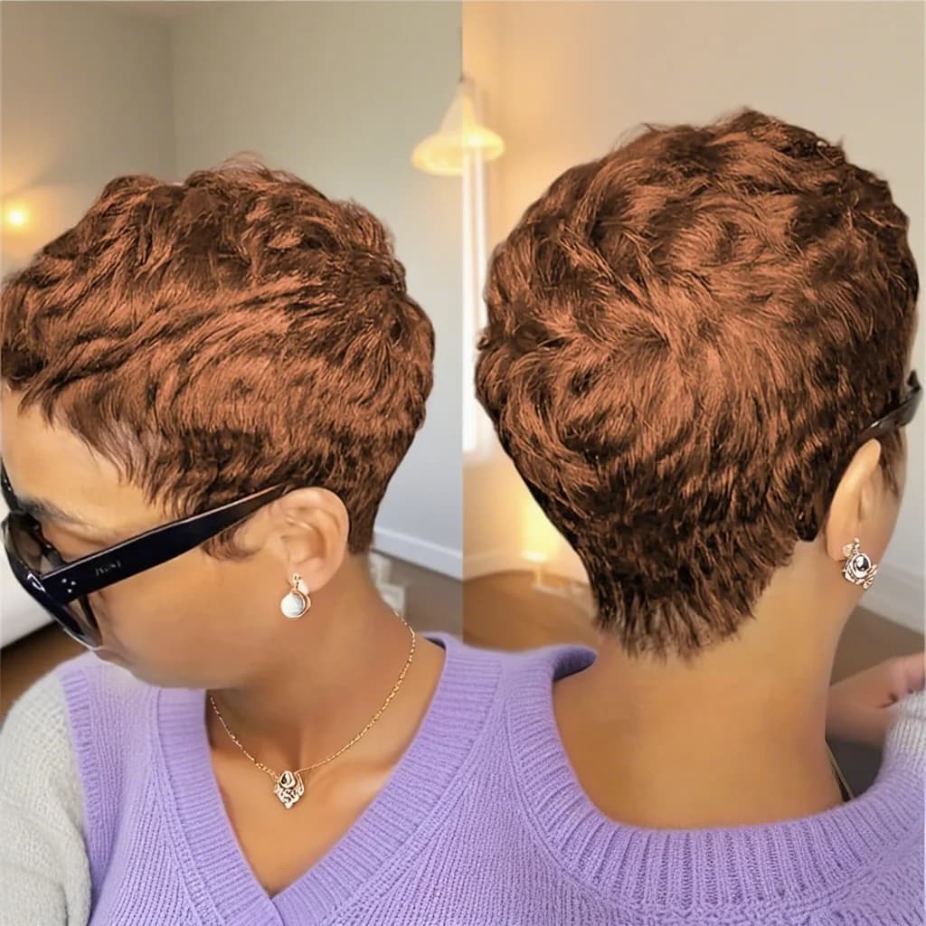 Perruque courte coupe lutin avec frange cheveux humains 180 densité pour les femmes perruque faite à