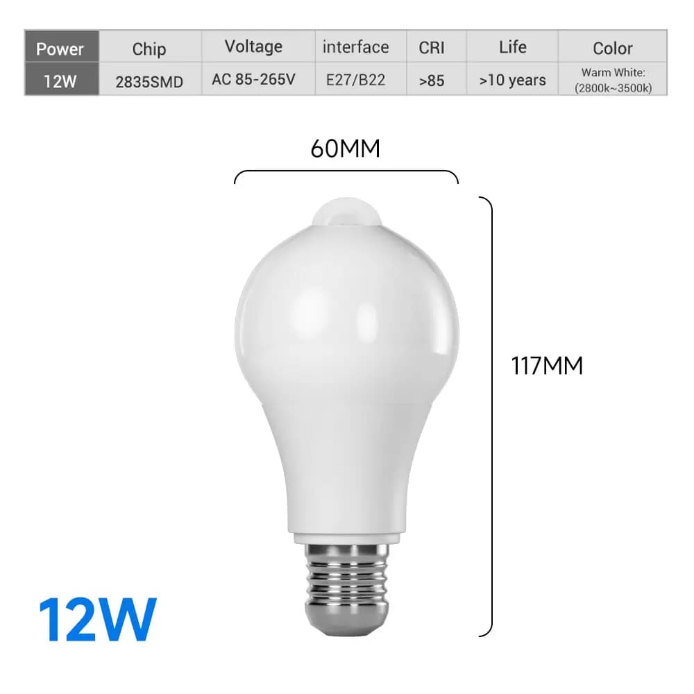 Ampoule LED avec capteur de mouvement PIR E27, Induction infrarouge humaine intelligente, lumière bl