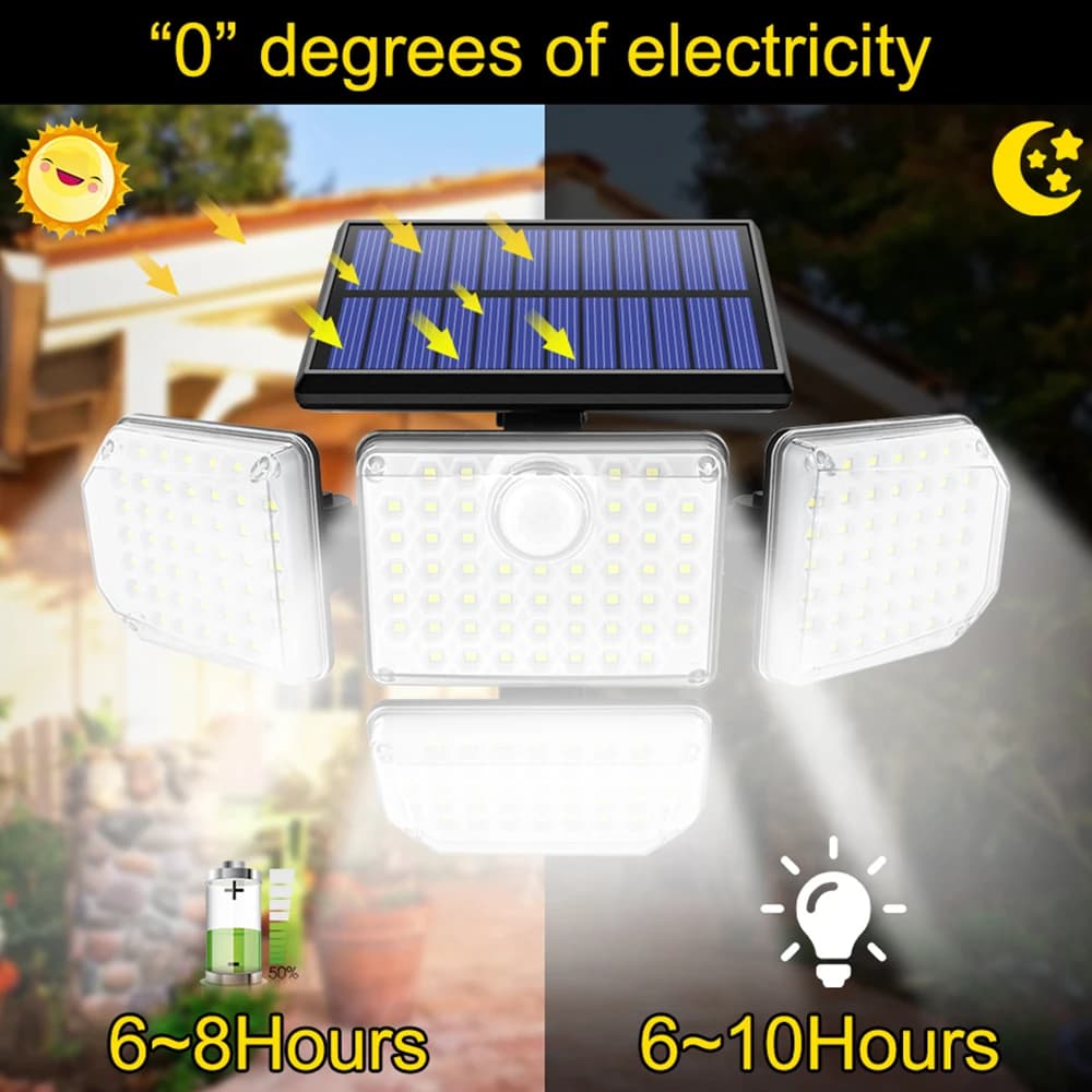 Projecteur de sécurité solaire à 182/112 LED, 3 modes d'éclairage, tête d'éclairage réglable, éclair