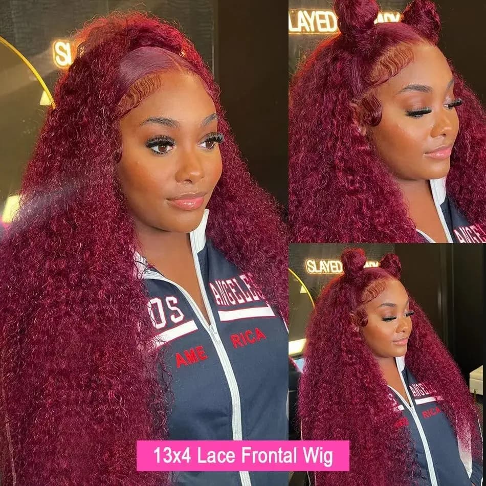 Perruque Deep Wave Lace Frmeds Naturelle pour Femme, Cheveux Bouclés, Bordeaux, HD, Densité 250, 30 
