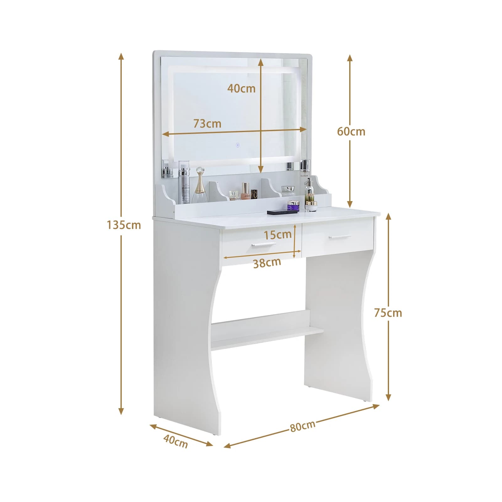Bureau de maquillage avec lumières, vanity avec miroir ouvrable et 3 documents à intensité variable,