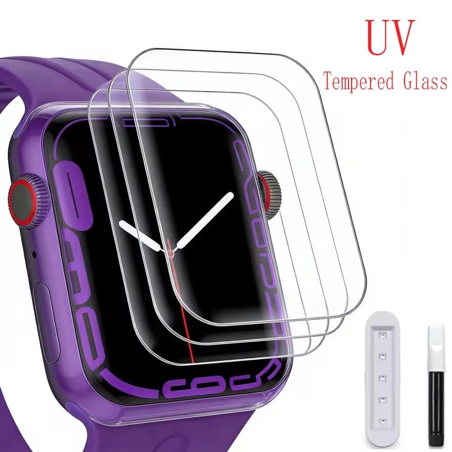 Protection d'écran en verre trempé avec colle liquide UV pour Apple Watch Series 10 9 44MM 45MM, com