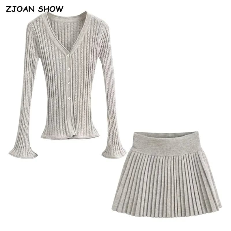 Cardigan en tricot torsadé à col en V pour femmes, taille élastique, mini jupe plissée, olympiques a