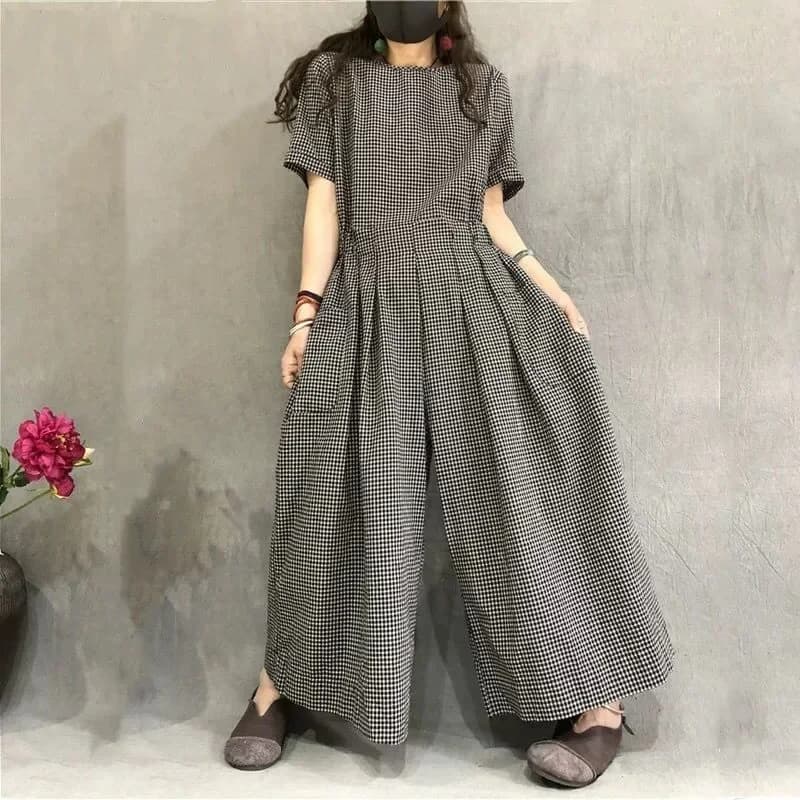 Combinaisons femmes coton lin manches courtes combishorts une pièce tenue femmes à lacets taille hau