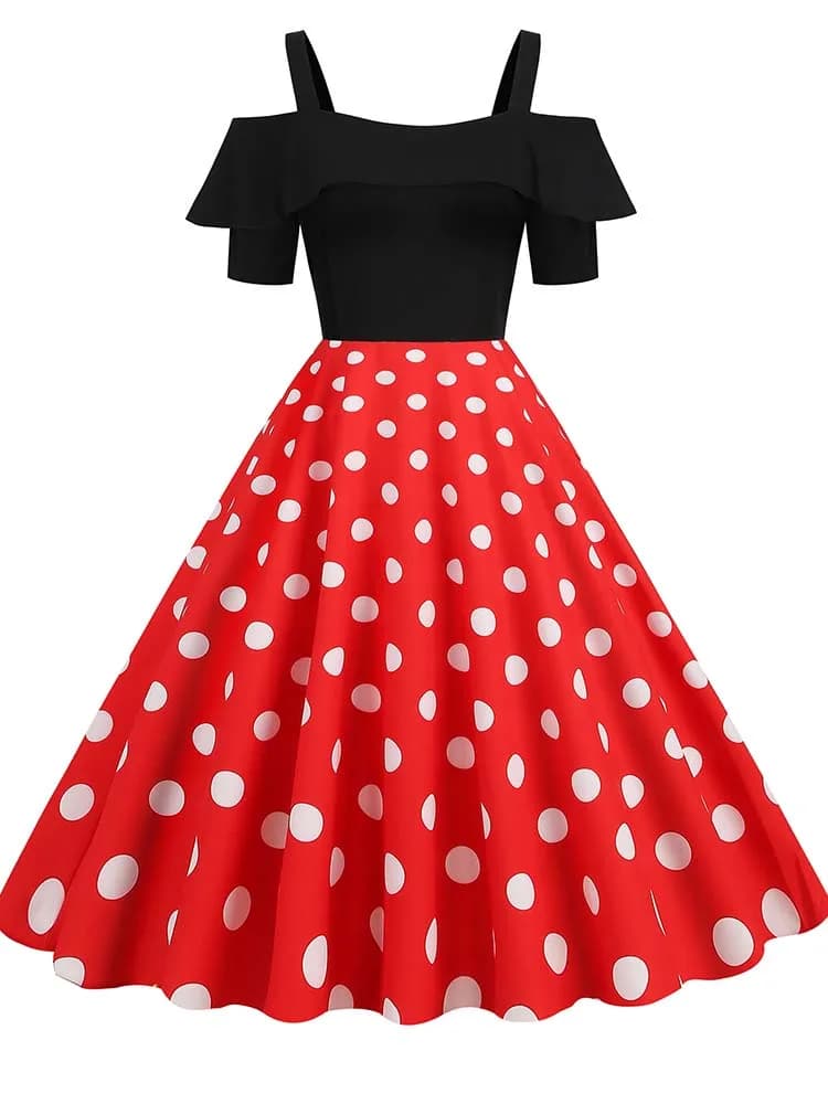 Robe de soirée Vintage élégante pour femmes, épaules dénudées, à pois, à volants, ligne A, robes mi-