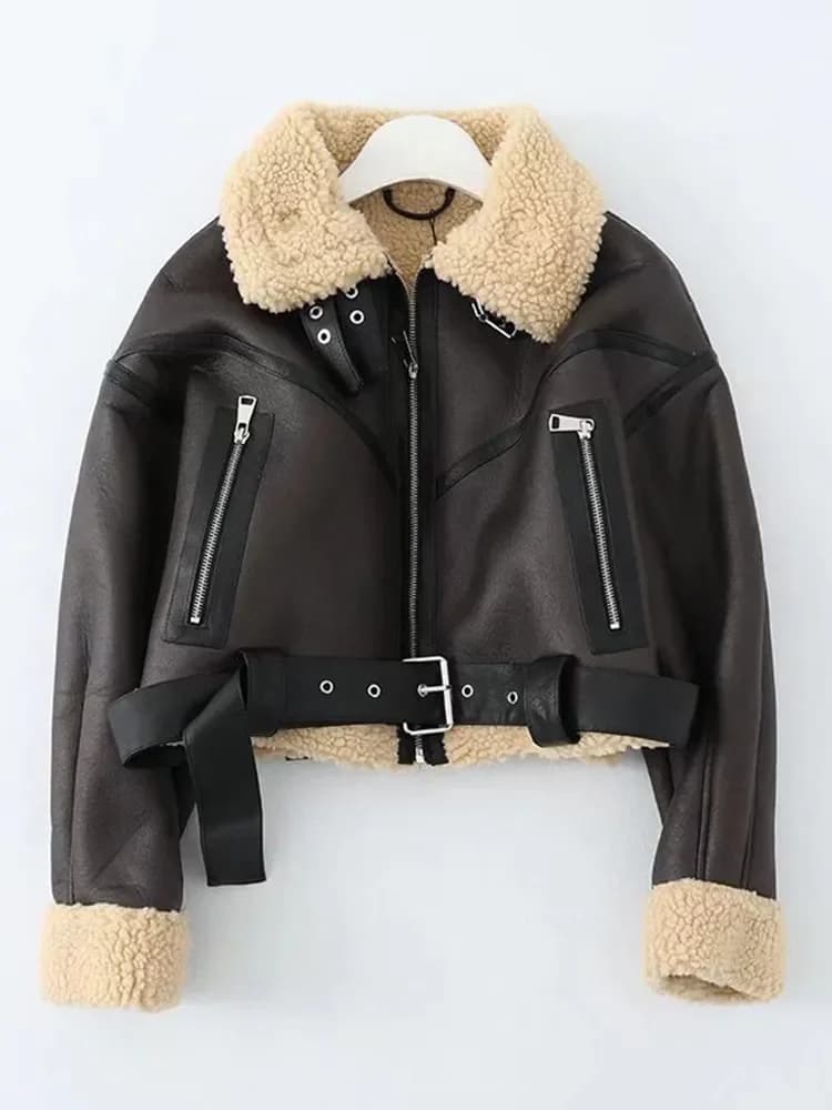 Ailegogo hiver femmes Streetwear fausse fourrure d'agneau veste courte avec ceinture Moto Biker épai