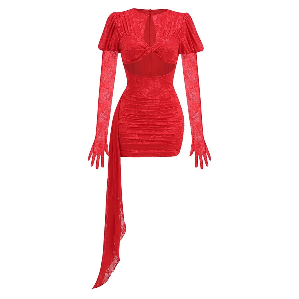 Haute qualité rouge blanc femmes à manches longues Sexy dentelle drapée moulante Mini robe gants dis