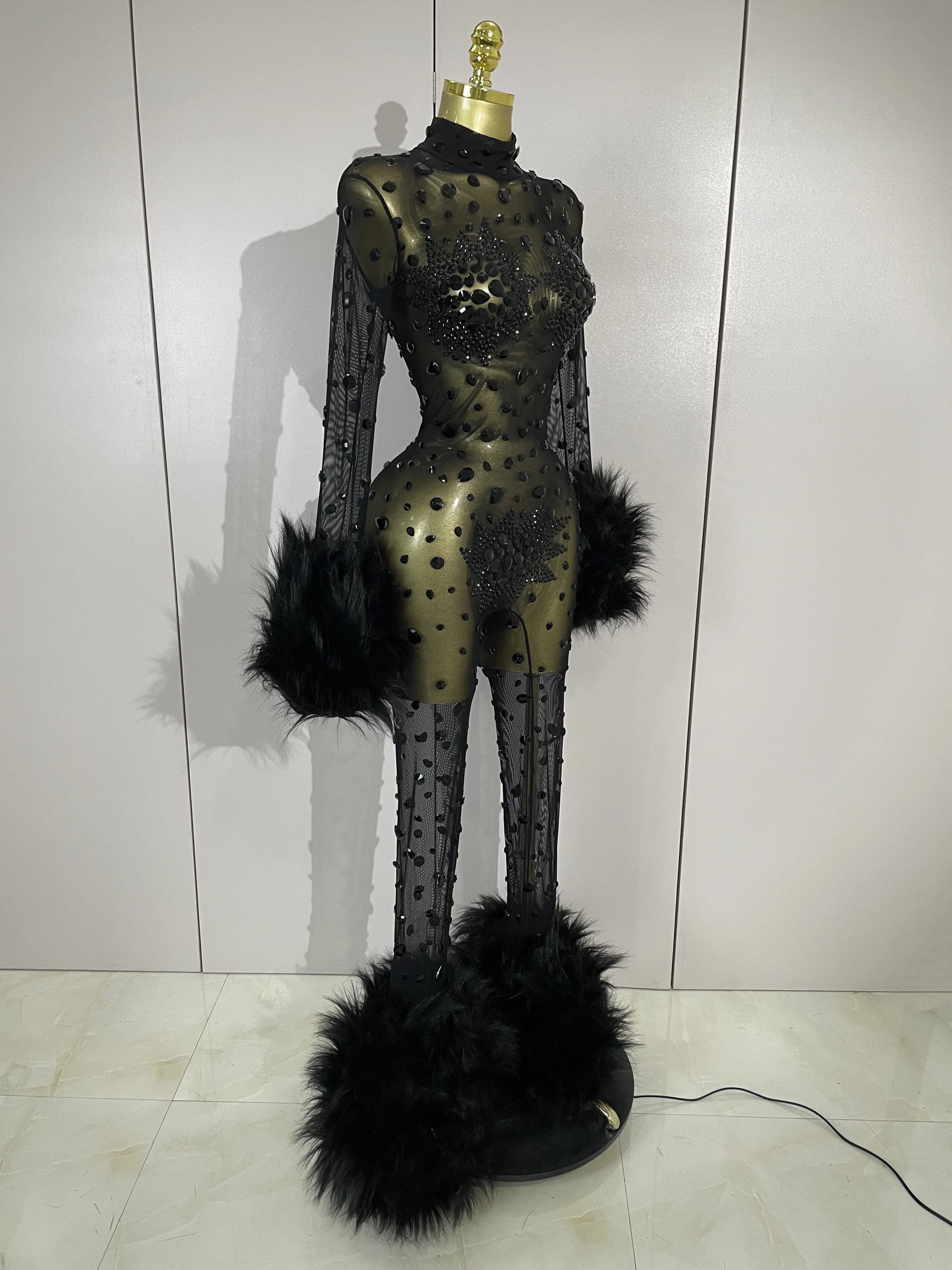 STOCK luxe diamant noir maille Transparent extensible à manches longues combinaison femmes Sexy Perf