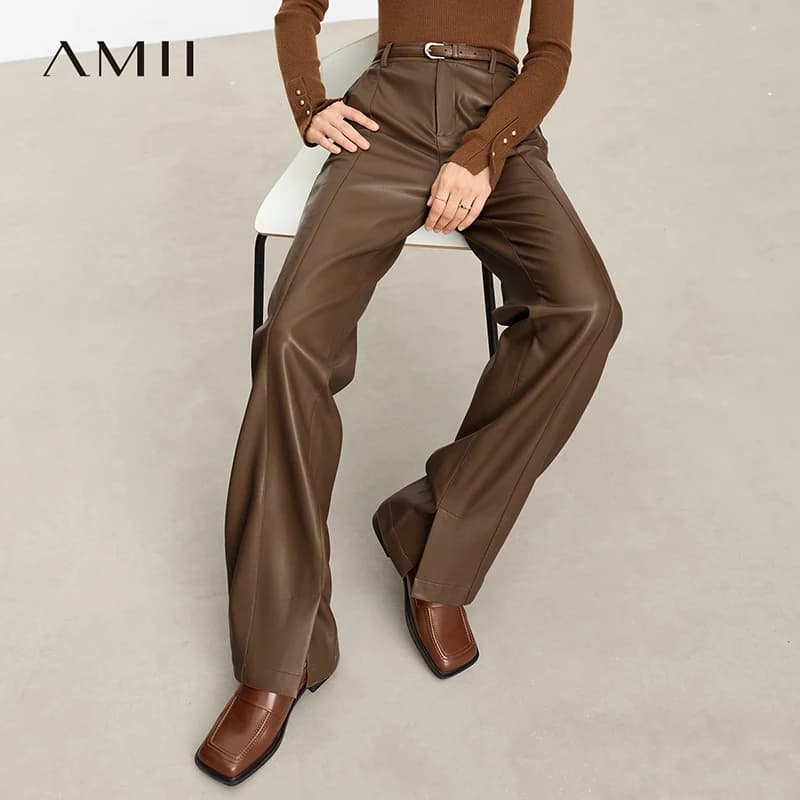 AMII minimaliste en cuir PU pantalons décontractés pour les femmes 2025 automne nouveau ample longue