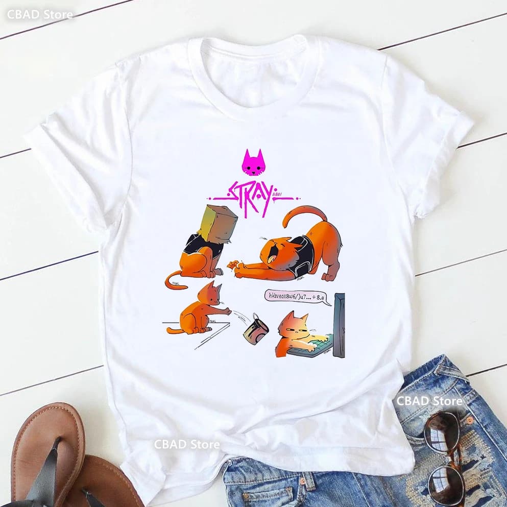 T-shirt imprimé graphique Stray Game pour femmes, vêtements pour femmes, t-shirt blanc drôle, chemis