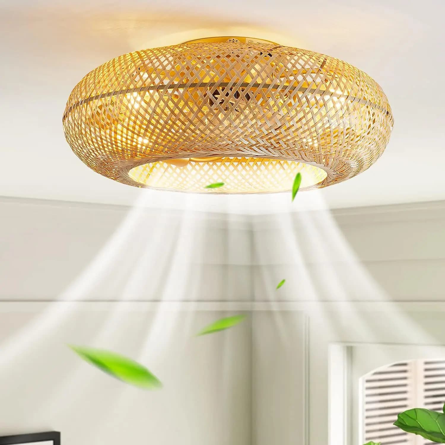 Ventilateur de plafond en bambou avec lumières, télécommande, lampe de décoration de chambre à couch