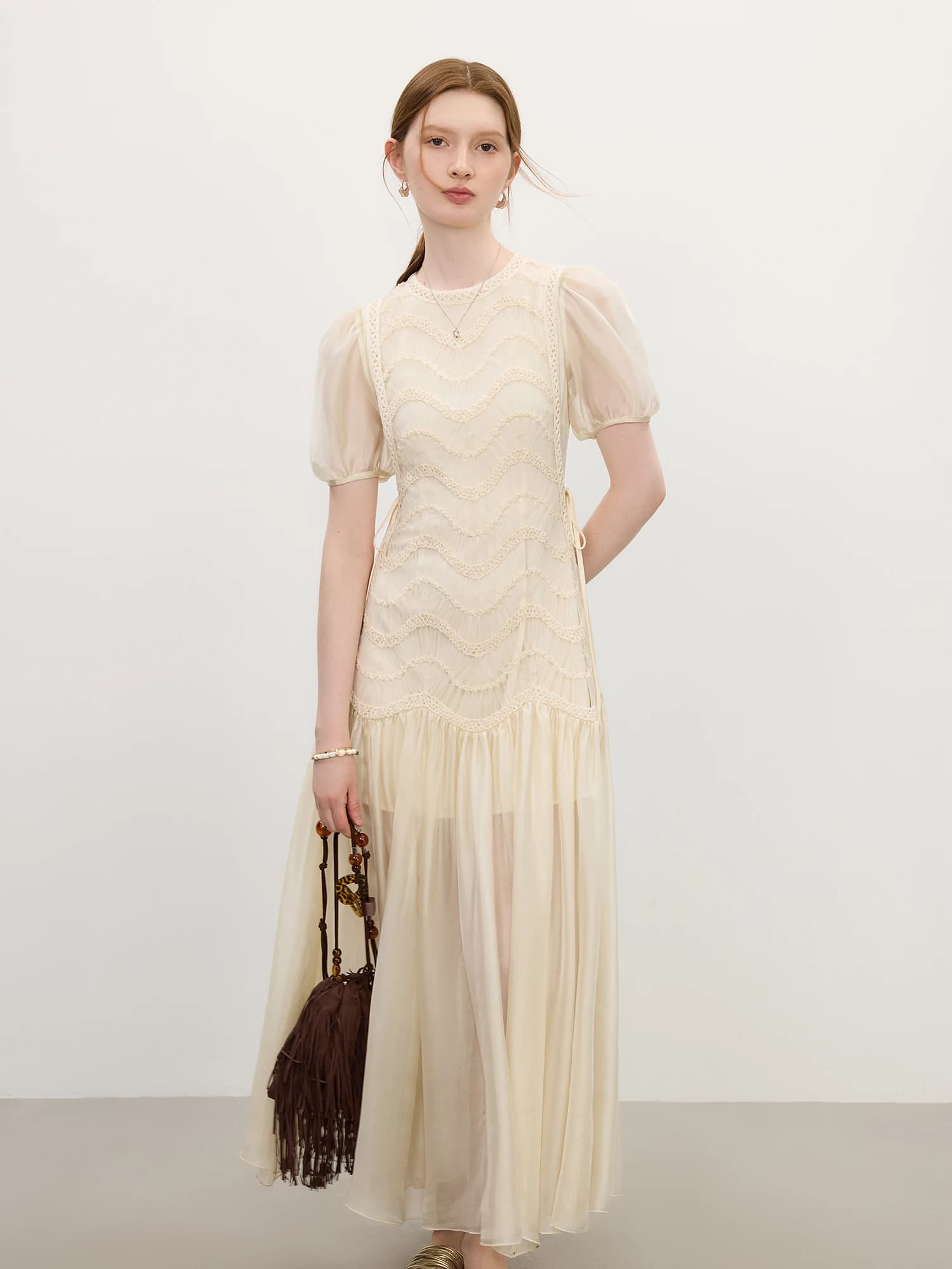 FSLE 2025 été femmes maille broderie robe évider épissage bulle manches taille cravate Y2K à la mode