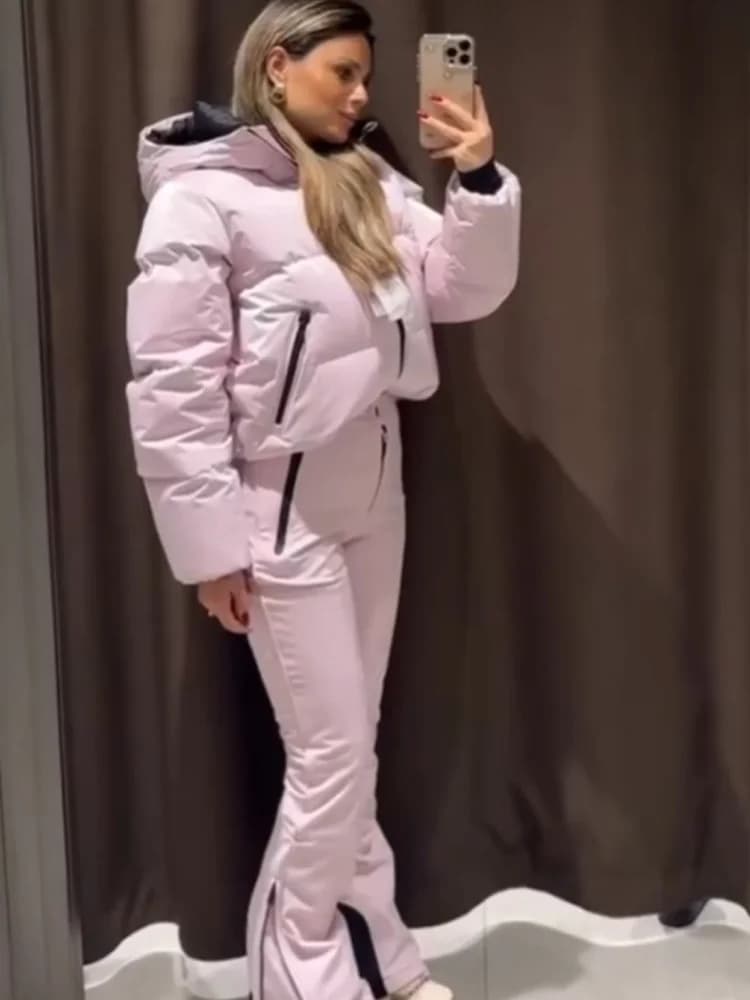 HH femmes mode poche fermeture éclair manches longues à capuche ski coton rembourré cordon veste + t