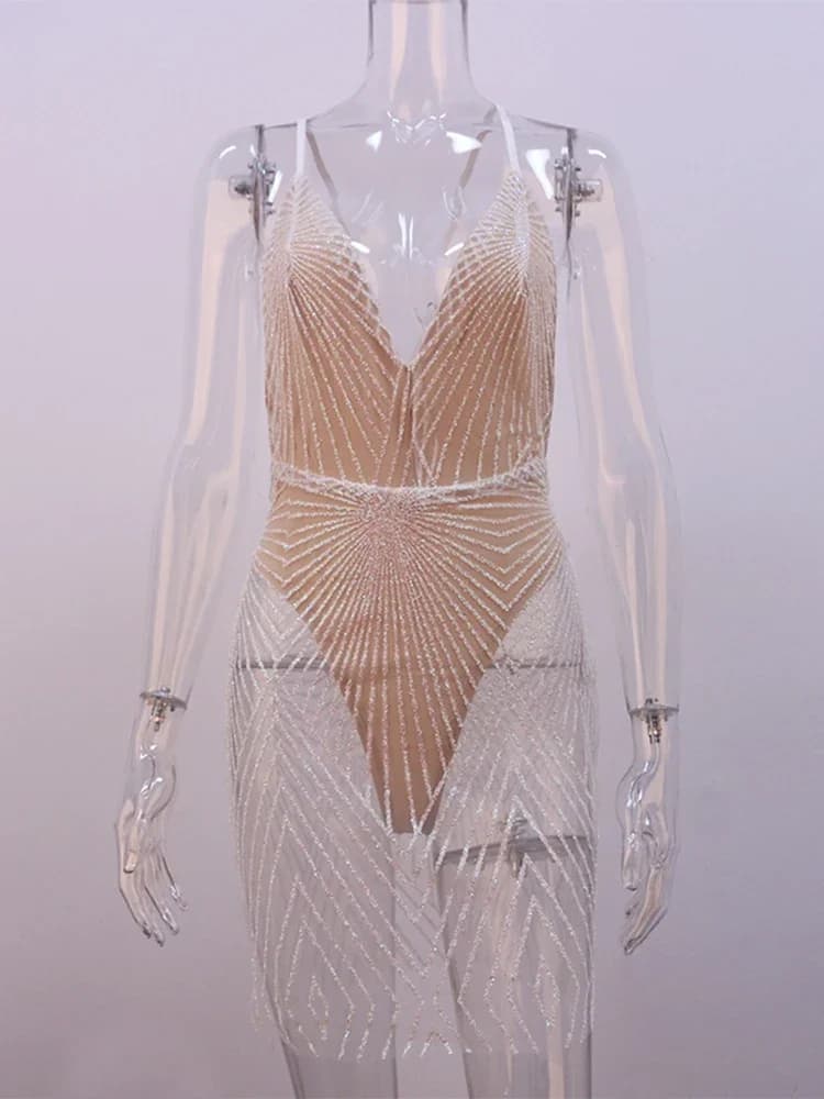 OMSJ – Mini robe Sexy à paillettes scintillantes, dos nu, épaules dénudées, transparente, bretelles 