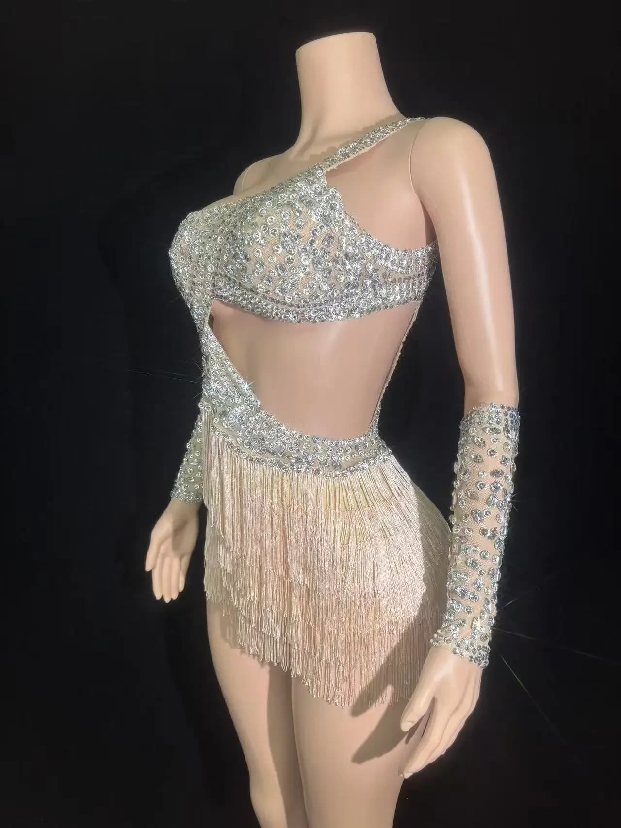 Combinaison de luxe scintillante avec pompons et strass pour femmes, tenue de soirée de bal, de chan