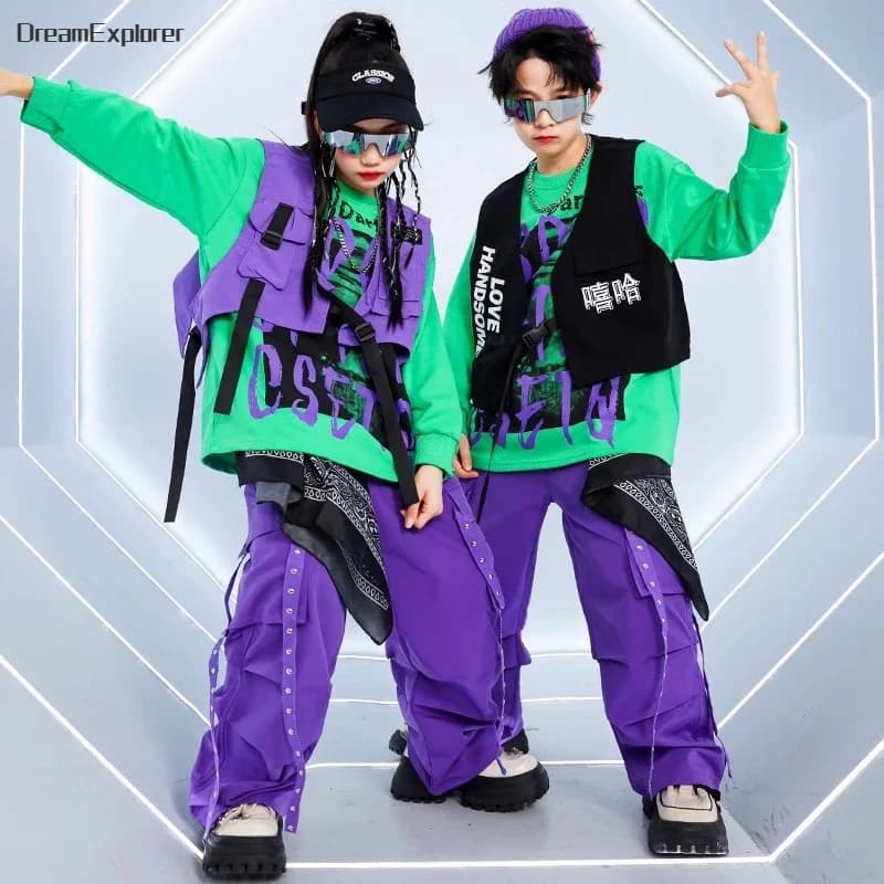 Gilet Hip Hop pour garçons, sweat-shirt, pantalon Cargo coloré, ensembles de vêtements de danse de r