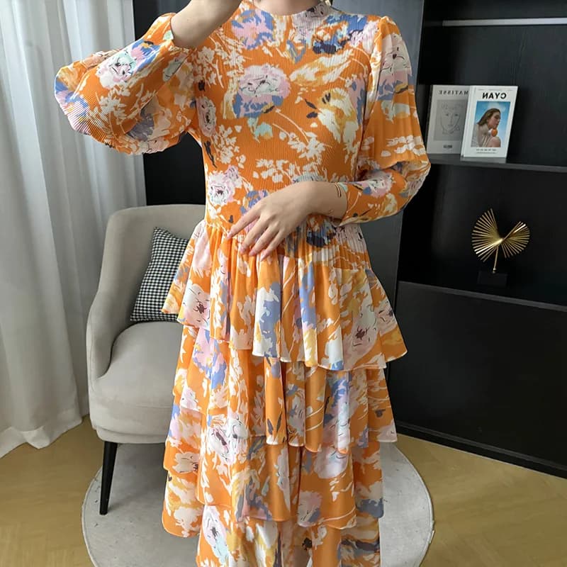 Robe mi-longue plissée de style étranger pour femmes, jupe à bulles vintage, imprimé floral, taille 