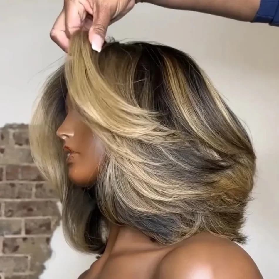 Perruque courte bob en cheveux humains avec closure en dentelle 5x5, coupe dégradée, mèches blondes,