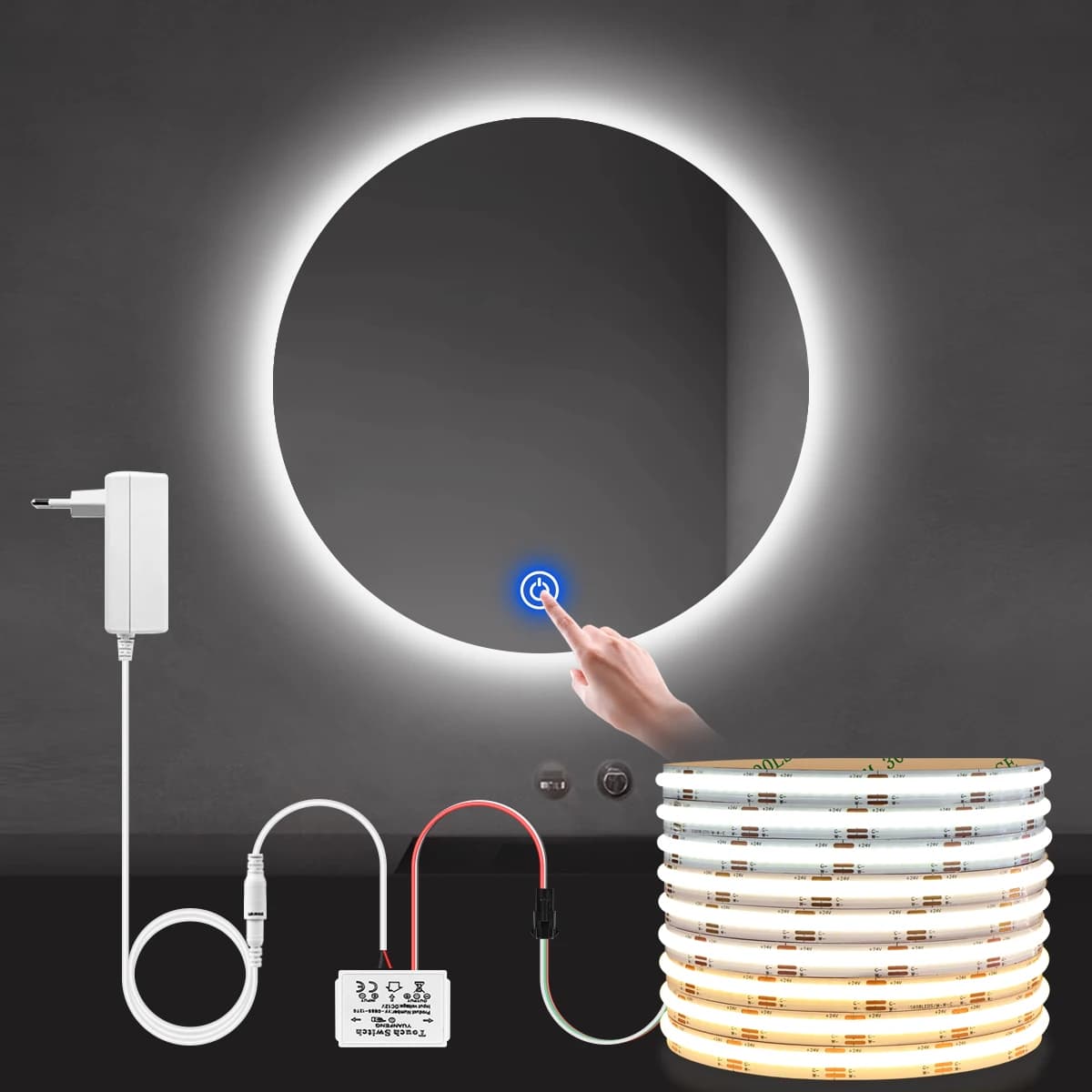 Table de maquillage pour miroir, bande lumineuse LED COB 24V CCT 2700K à 6500K, interrupteur tactile