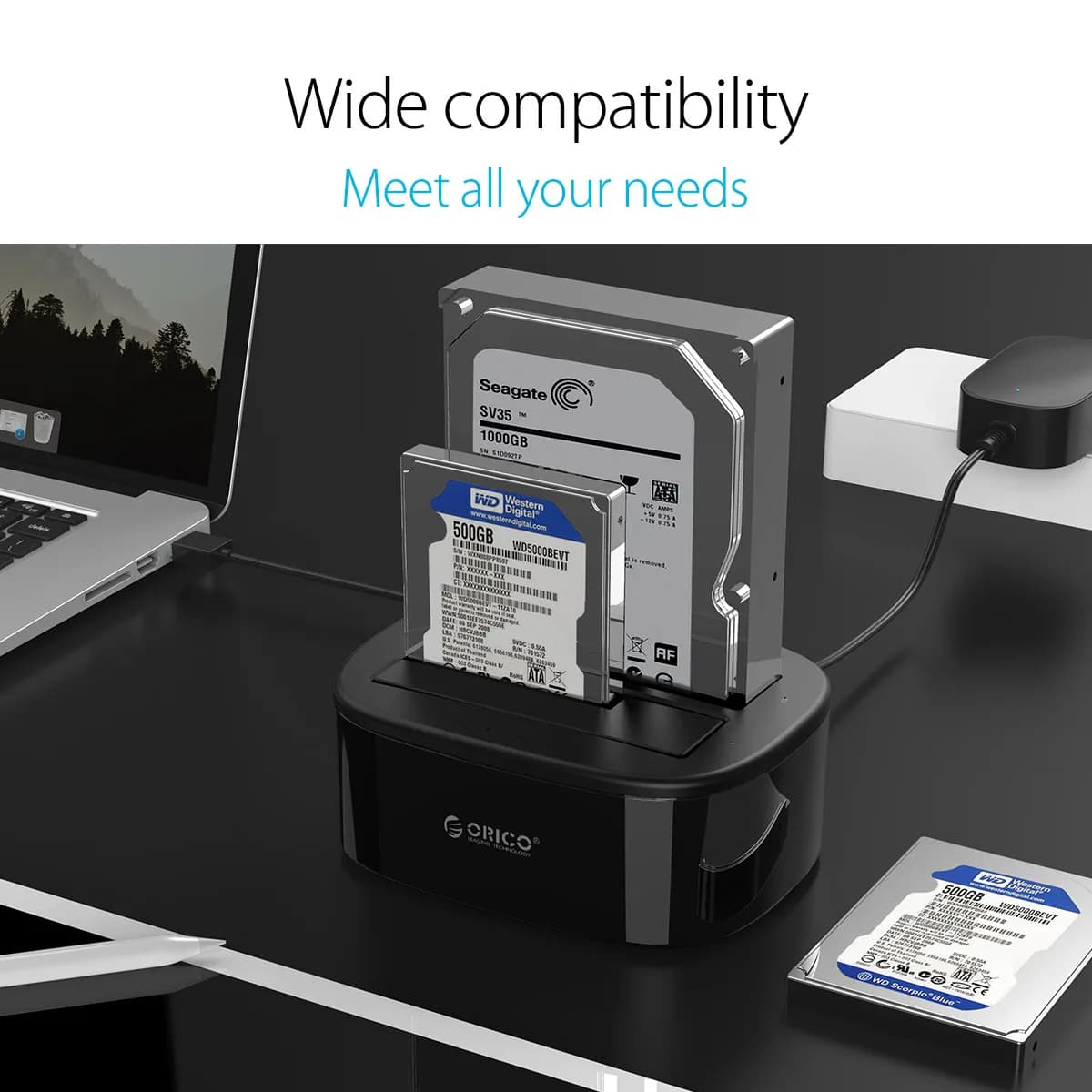 ORICO Station d'accueil pour disque dur double baie pour 2.5/3.5 pouces HDD SSD SATA vers USB 3.0 St