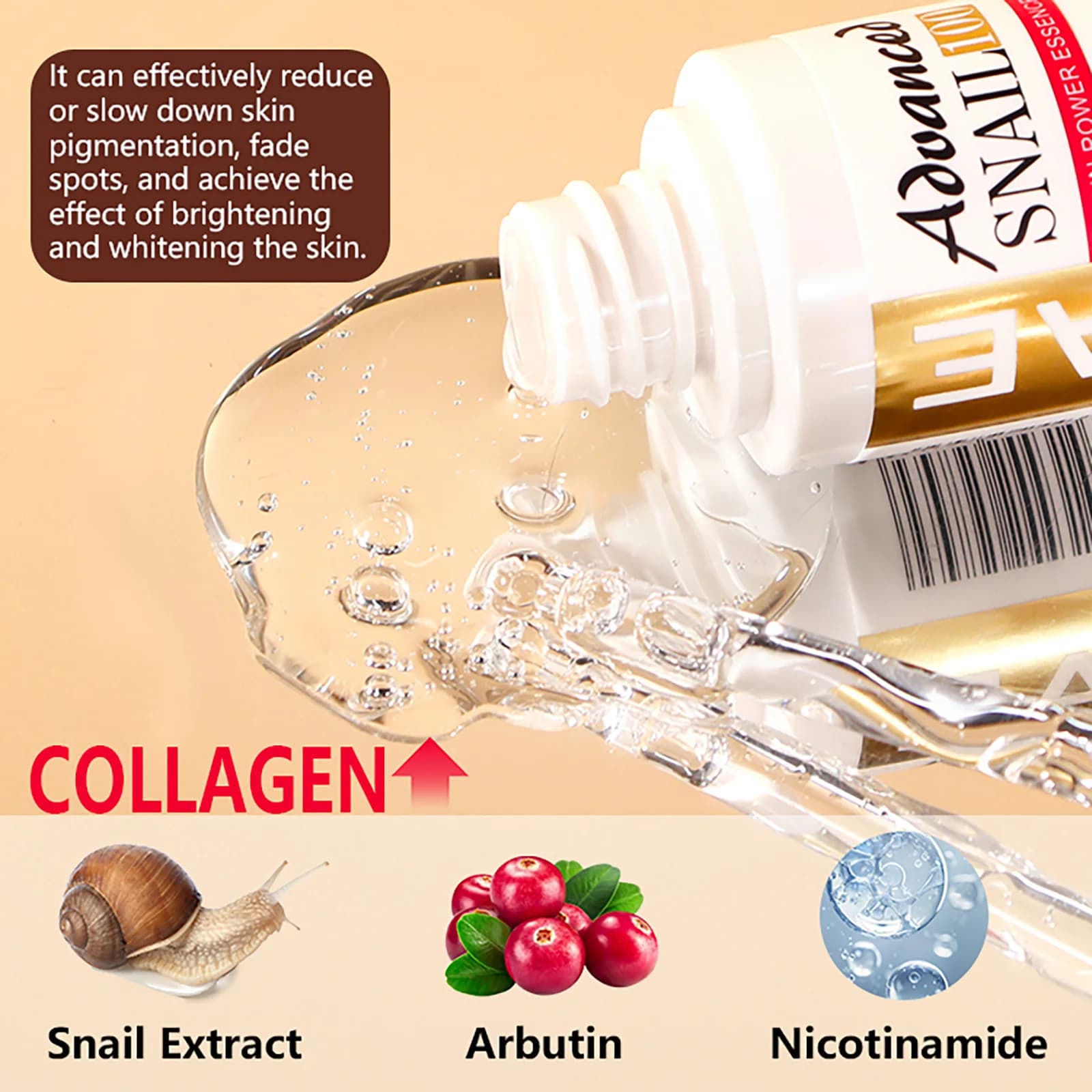 Essence avancée de puissance de mucine d'escargot, sérum éclaircissant et raffermissant pour la peau