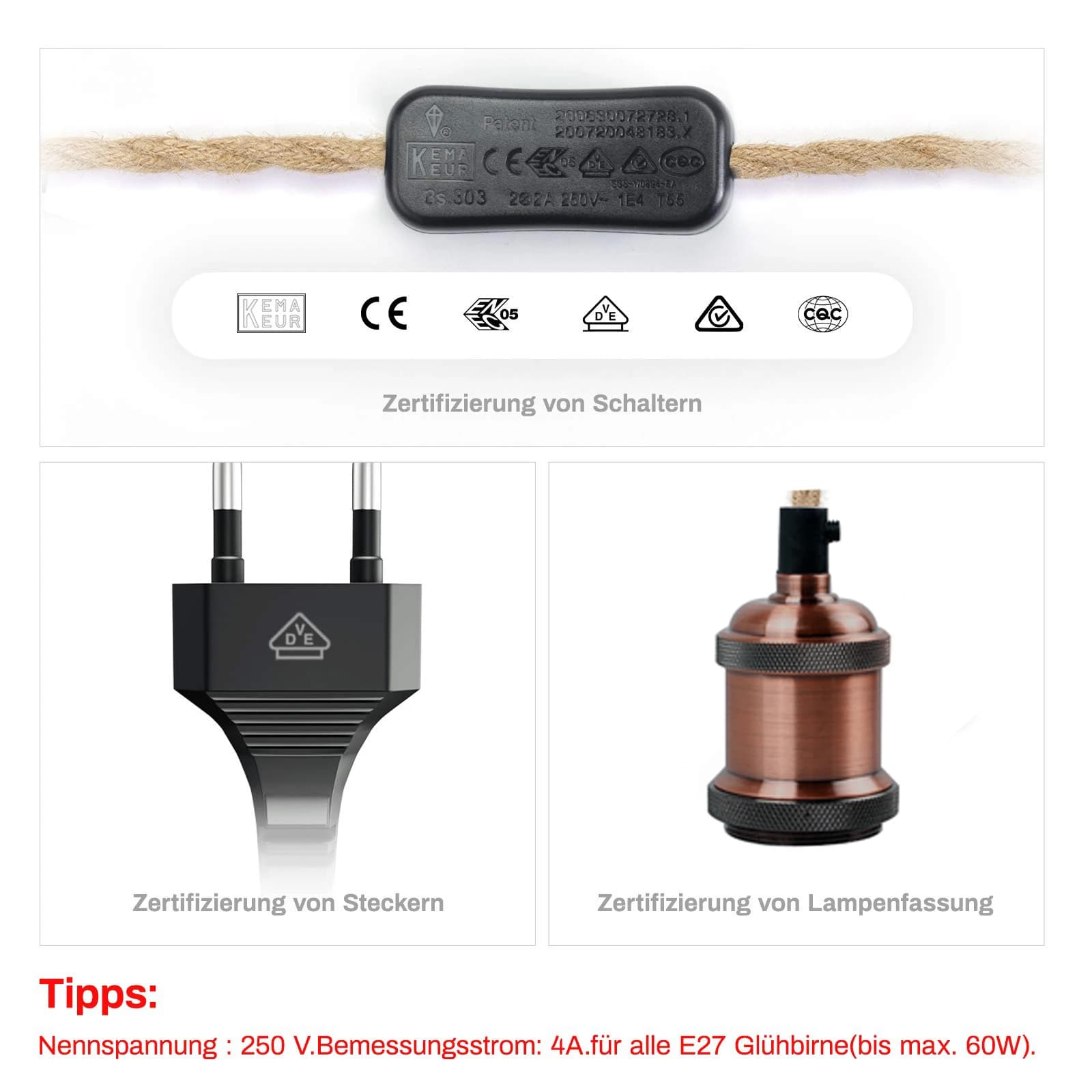 Cordon d'alimentation pour lampe suspendue Edison, cordon torsadé en chanvre, support de lampe E26 E
