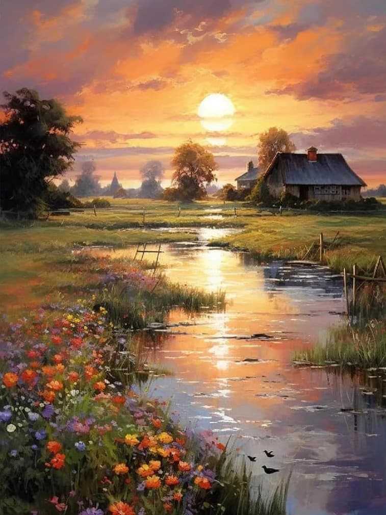 1 pièce Peinture diamant 5D DIY sans cadre, thème Maison et Paysage de coucher de soleil, avec diama