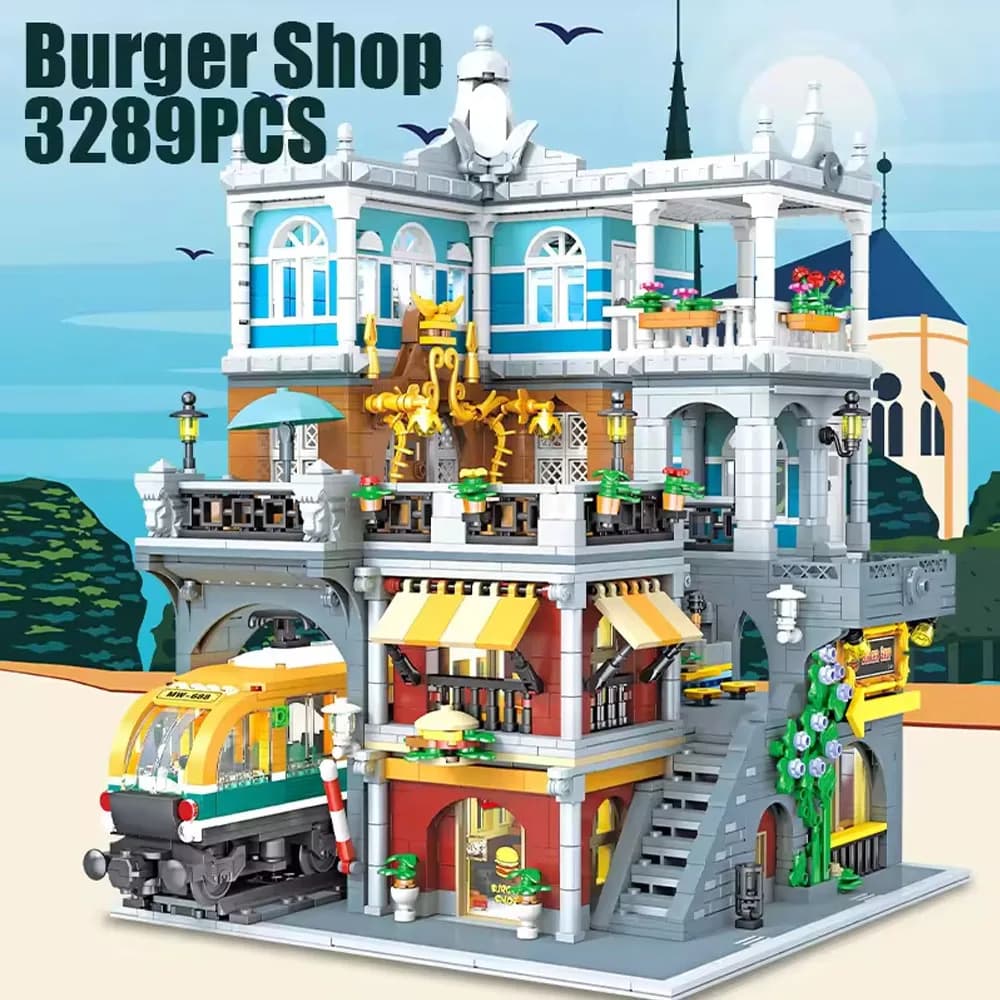 Blocs de construction de magasin de hamburgers, modèle de maison avec vue sur la ville légère, Scenc