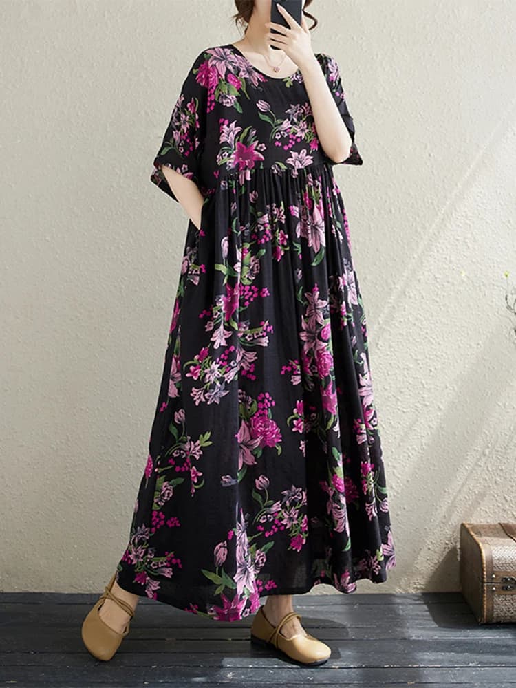 Robe longue vintage en coton à manches courtes et imprimé violet pour femme – Collection été 2026 – 