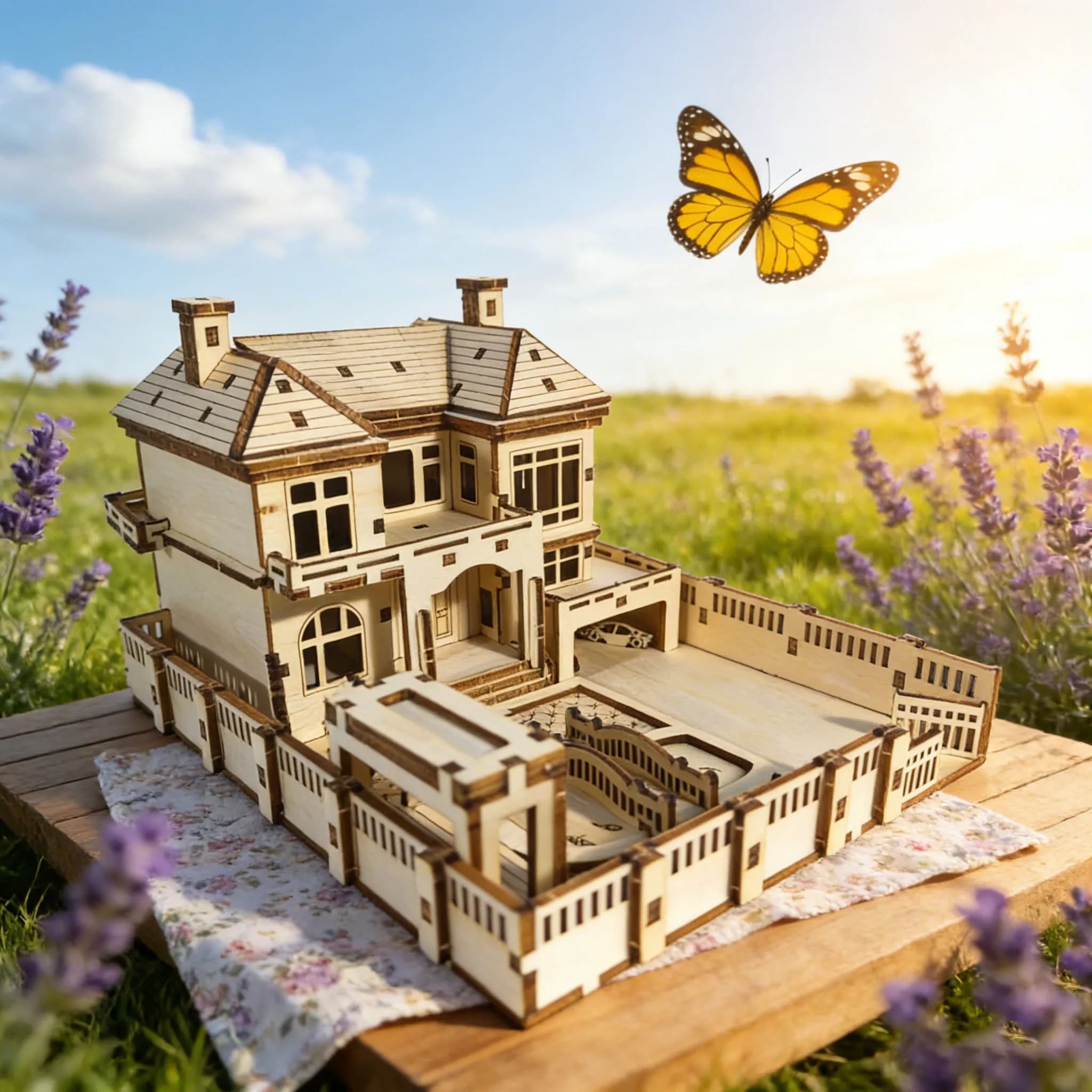 Puzzle de villa à deux étages de style européen en bois 3D avec jardin – Modèle à assembler soi-même
