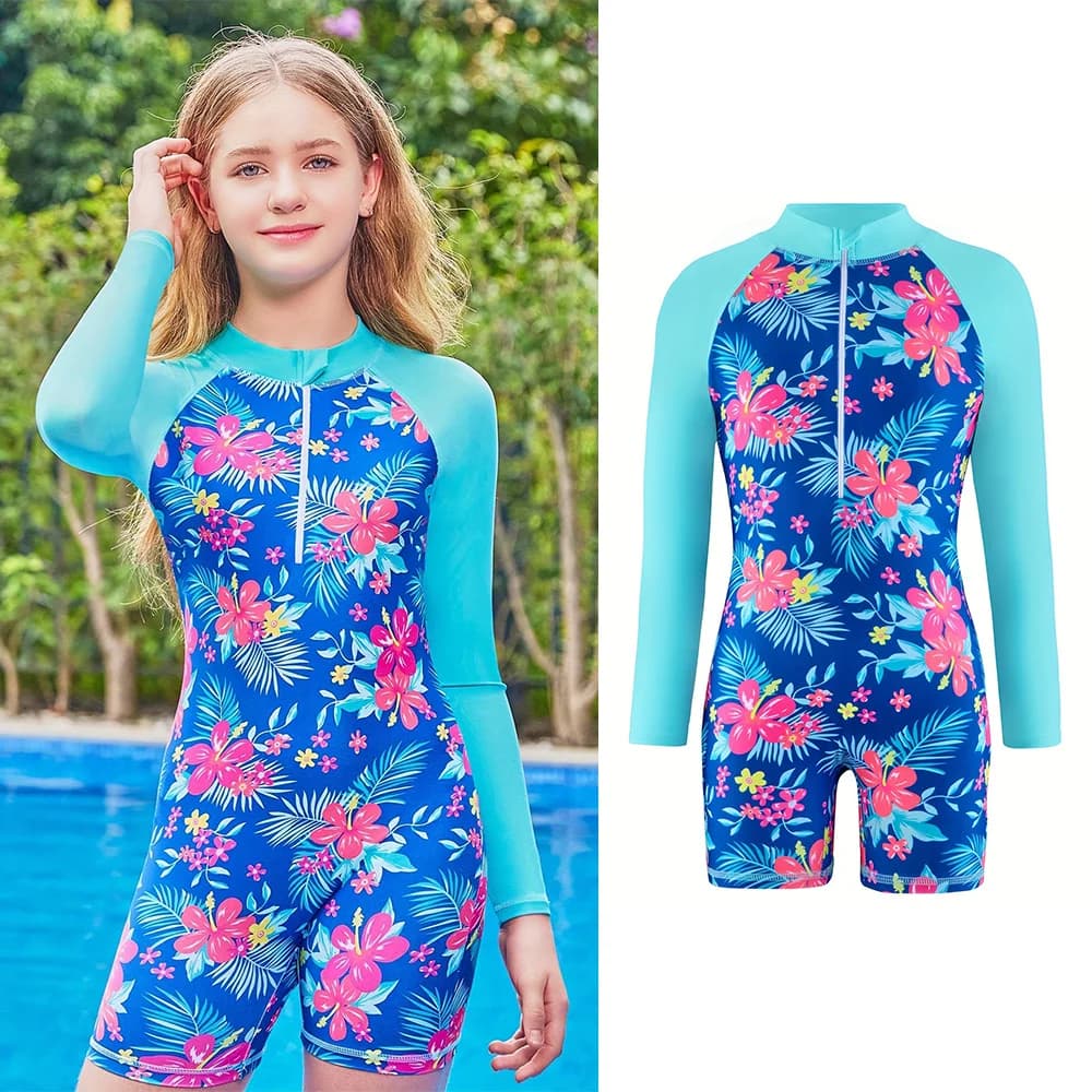Maillot de bain une pièce à manches longues pour filles mignonnes, imprimé Floral, vêtements d'été p