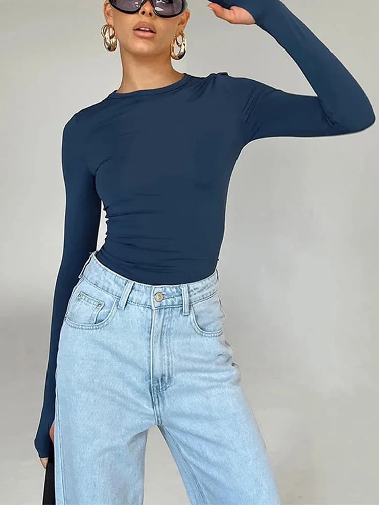 T-shirt à manches longues et col rond pour femme, haut court, coupe couvertes, trous pour les pouces