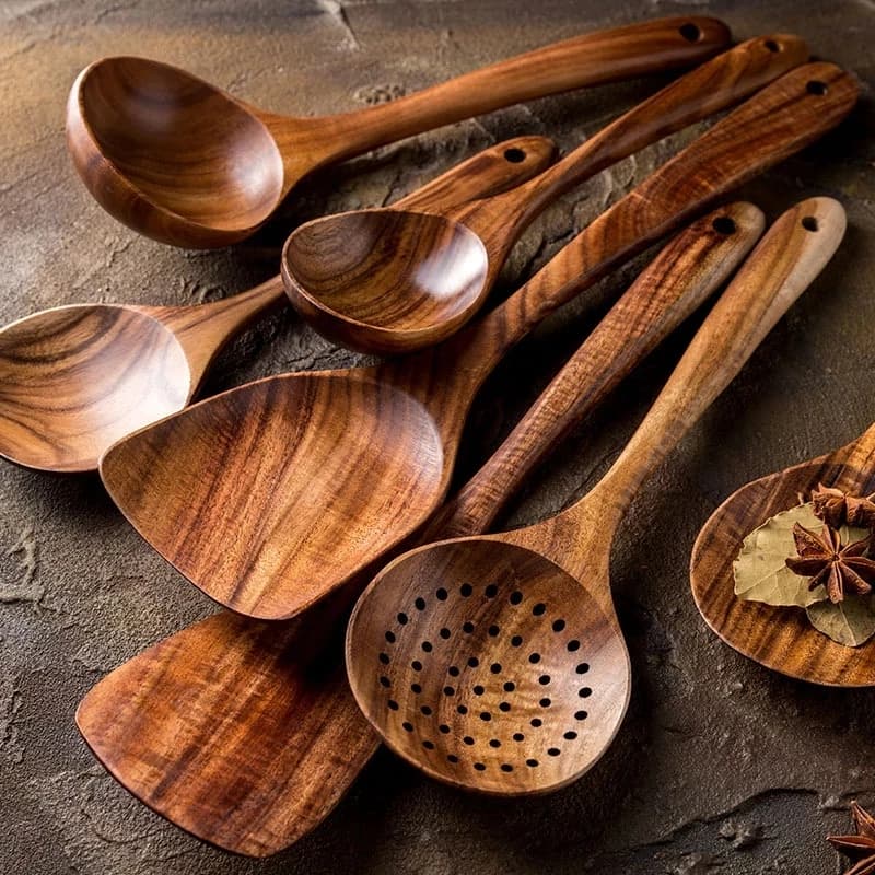 Cuillères de cuisine en bois de teck lisse, ustensiles de cuisine en bois antiadhésifs, ensemble de 