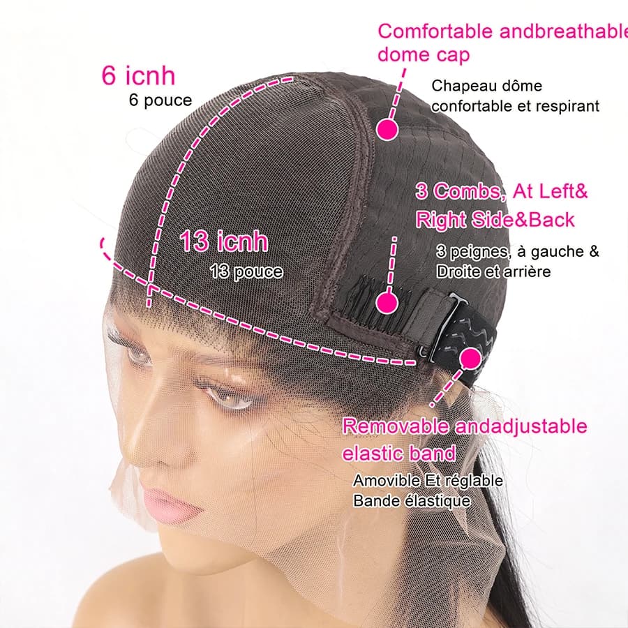 Sophia-Perruque Lace Closure Brésilienne Naturelle, Cheveux Lisses, Sans Colle, 4x4, 13x4, 13x6, Den