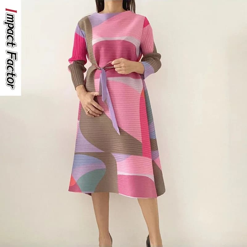 Robe plissée à motif géométrique pour femme, avec ceinture et ceinture, surdimensionnée, longue, dou