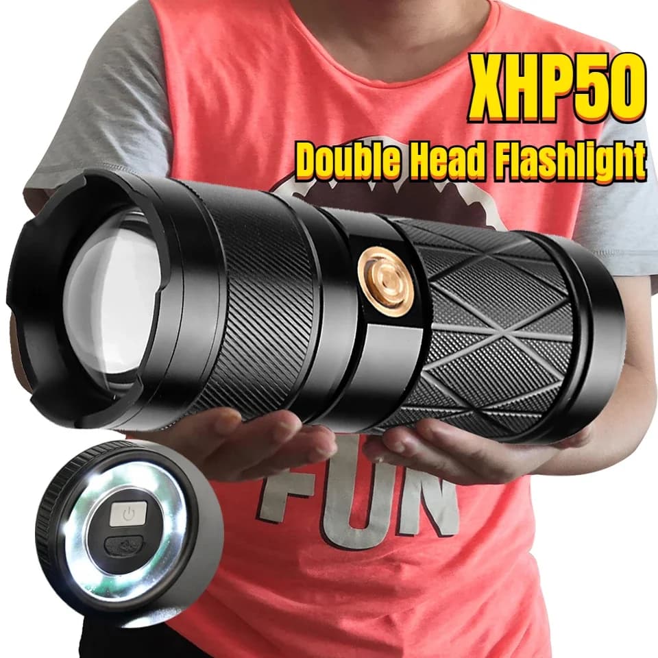 XHP50 Super lumineux Led Double tête lampe de poche étanche Rechargeable Zoomable torche lampe de tr