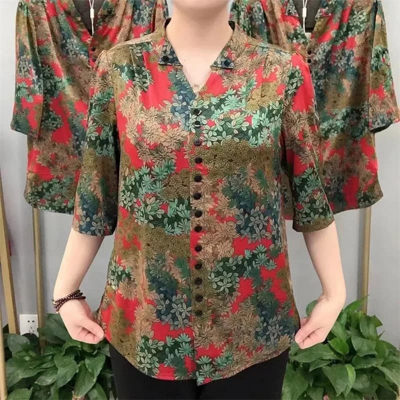 Haut à col en v fragmenté pour maman âgée d'âge moyen, chemise ample avec tempérament Noble, pour X4