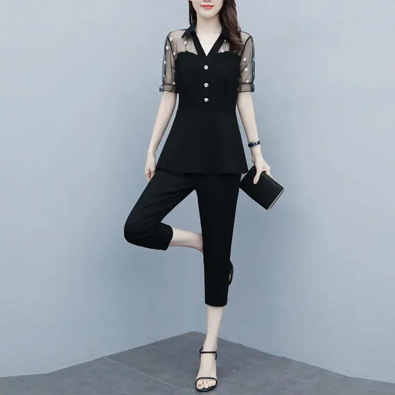 AndrÉlégant-Chemise et pantalon en mousseline de soie en dentelle sexy pour femmes, ensemble deux pi
