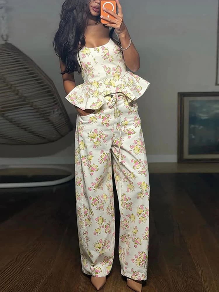 Ensemble élégant imprimé pour femme : débardeur à volants sans manches et pantalon large – Tenue de 