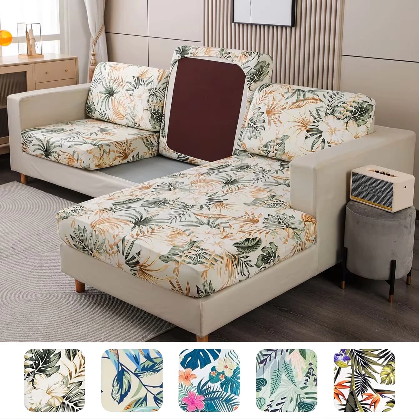 Housse de canapé en soie de lait imprimée feuilles de forêt tropicale, housse de canapé élastique, h