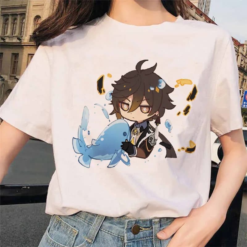 Genshin – t-shirt à imprimé de dessin animé pour femme, 100% coton, manches courtes, col rond, Haraj