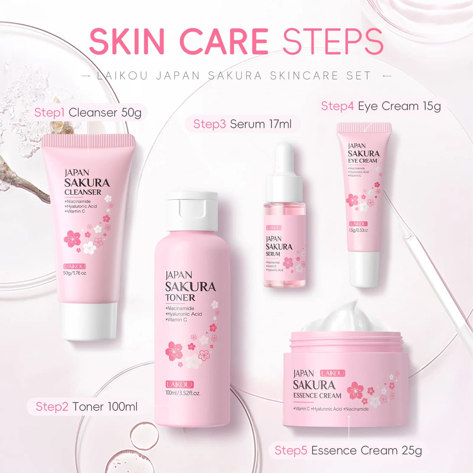 Coffret beauté LAIKOU Sakura 5 pièces : nettoyant, tonique, sérum, crème contour des yeux, crème hyd