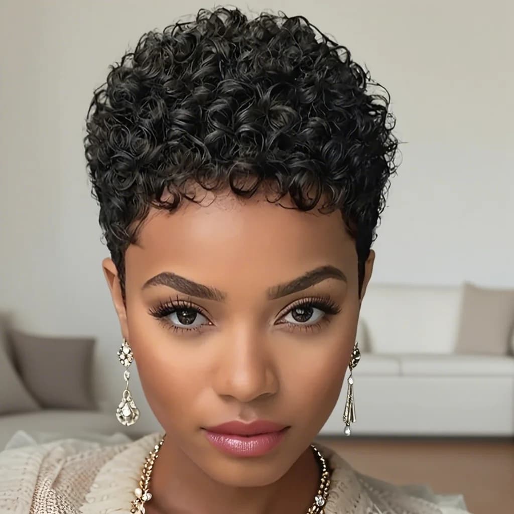 Perruques Afro courtes crépues bouclées perruque de cheveux humains coupe lutin Wi perruque courte p