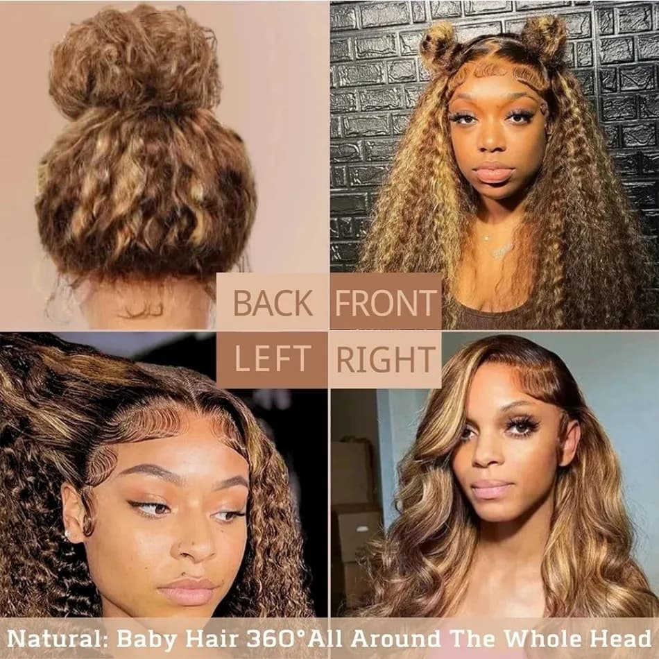 Perruque Lace Front Wig 360 naturelle bouclée, cheveux humains, pre-plucked, Hd, Deep Wave, avec cor